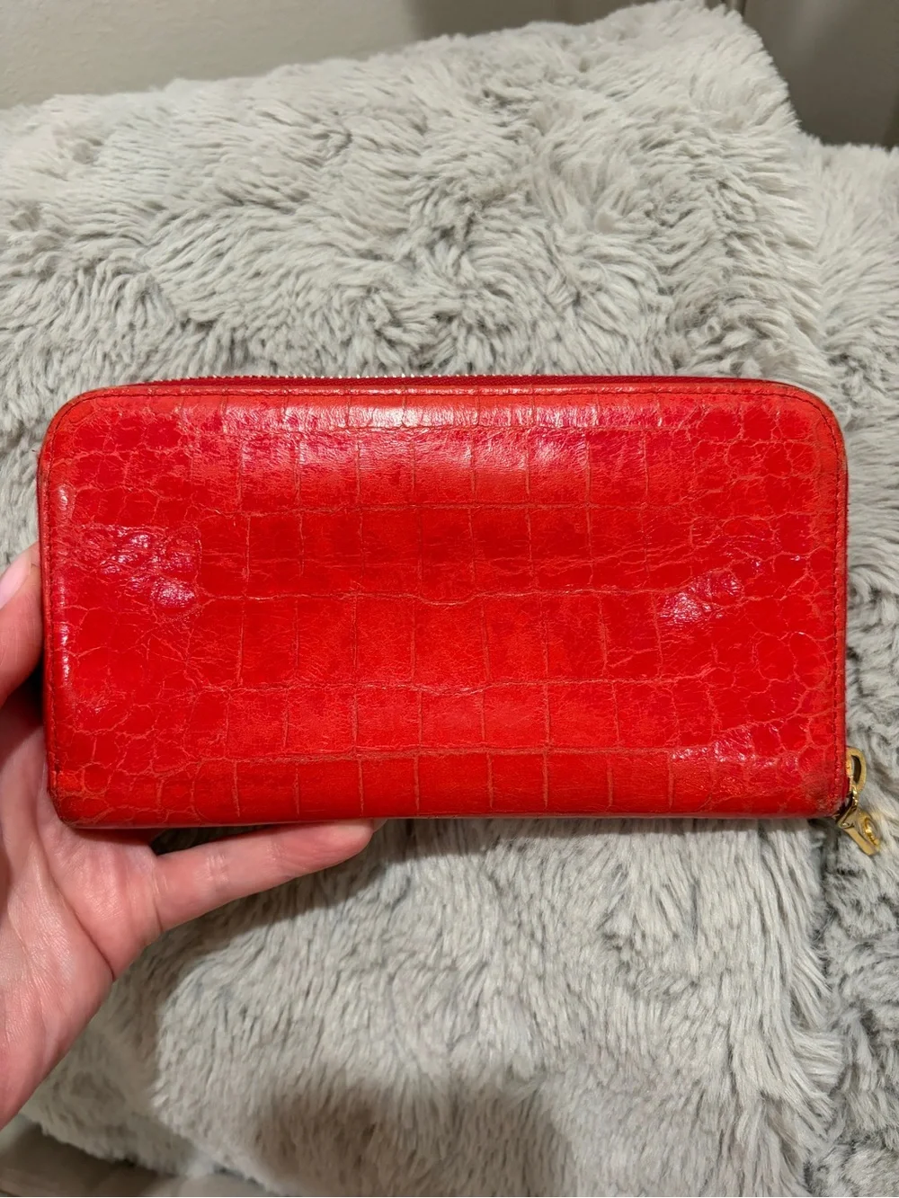 Miu Miu Red Croc-Embossed Zip Wallet with Gold Logo